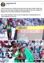 Peseiro Congratulates Tobi Amusan And Ese Brume On WAC Feat