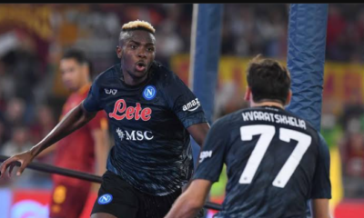 Napoli’s Victor Osimhen reacts to his stunning winning goal against AS Roma Napoli’s Victor Osimhen reacts to his stunning winning goal against AS Roma