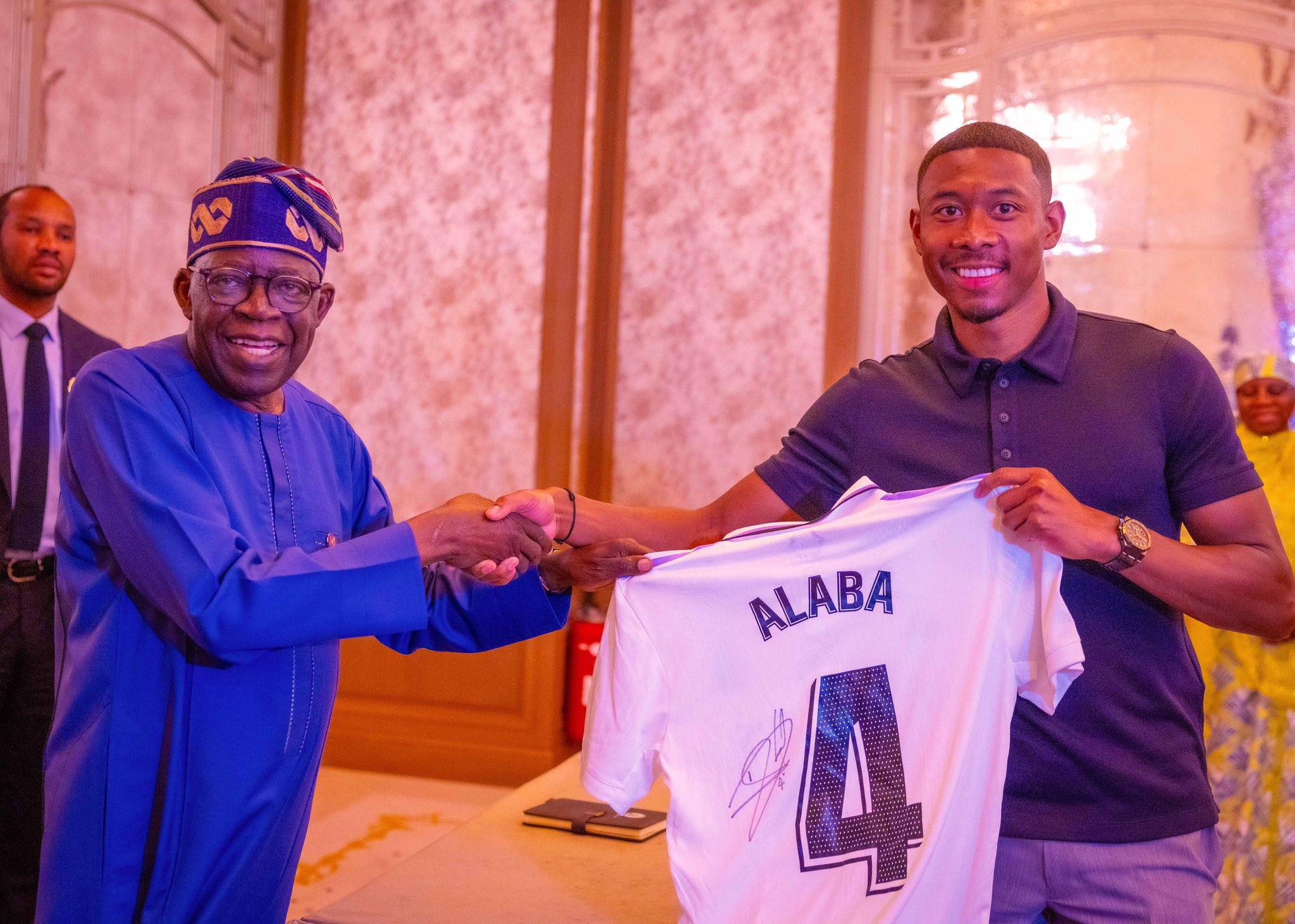 President Bola Tinubu receives David Alaba’s Real Madrid jersey President Bola Tinubu receives David Alaba’s Real Madrid jersey