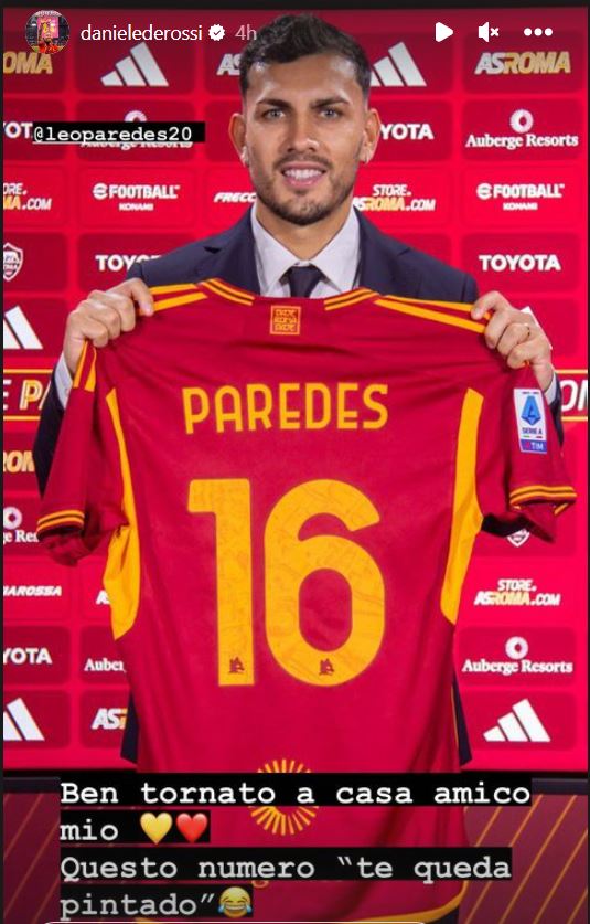 Picture: De Rossi jokes about Paredes’ shirt number at Roma Picture: De Rossi jokes about Paredes’ shirt number at Roma
