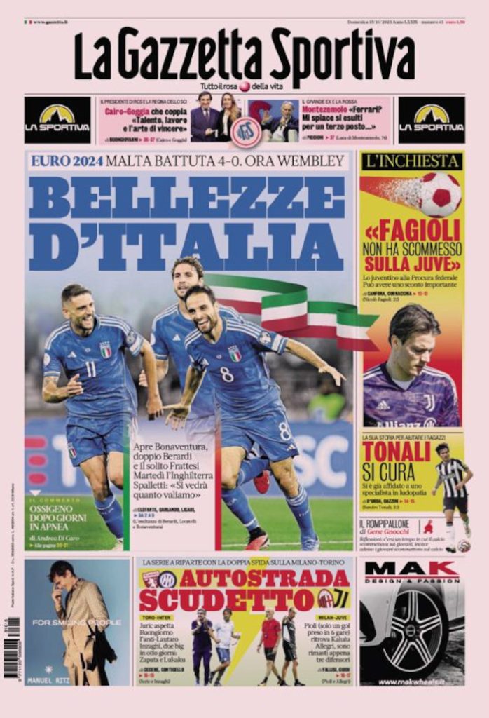 Today’s Papers – Beauty of Italy, now England, Fagioli plea bargain Today’s Papers – Beauty of Italy, now England, Fagioli plea bargain