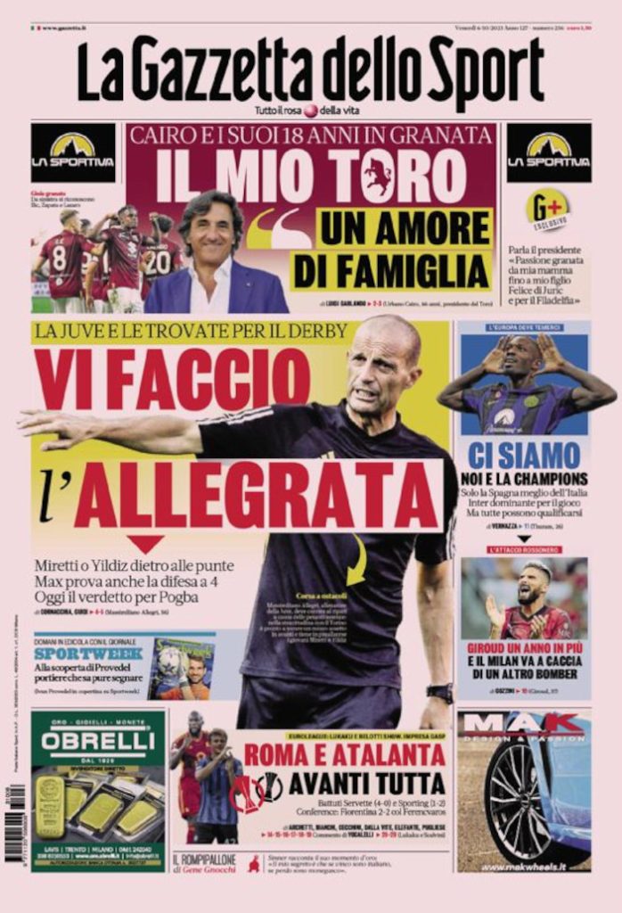 Today’s Papers – Allegri ideas for derby, Roma and Atalanta soar Today’s Papers – Allegri ideas for derby, Roma and Atalanta soar