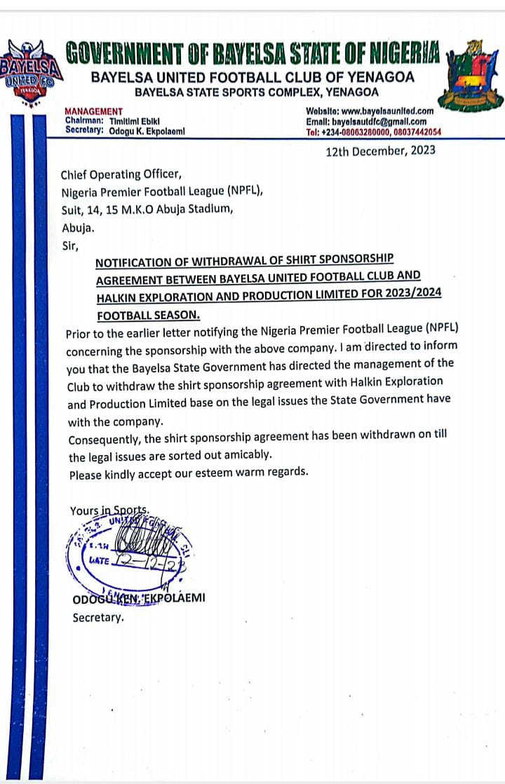 Bayelsa United announces withdrawal of shirt sponsorship deal with Halkin Exploration and Production Ltd Bayelsa United announces withdrawal of shirt sponsorship deal with Halkin Exploration and Production Ltd