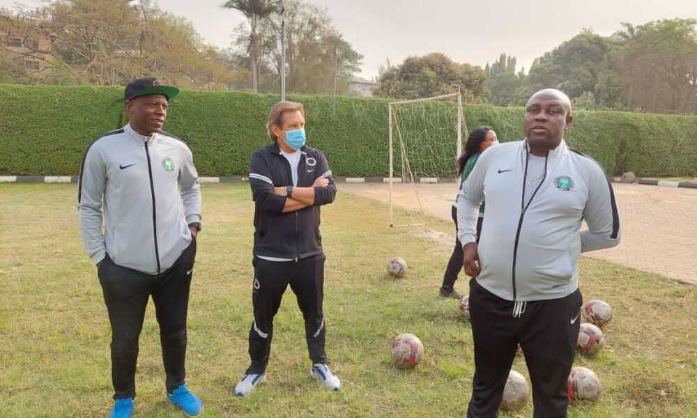 Justin Madugu - interim Super Falcons coach with former head coach Randy Waldrum and goalkeeper trainer