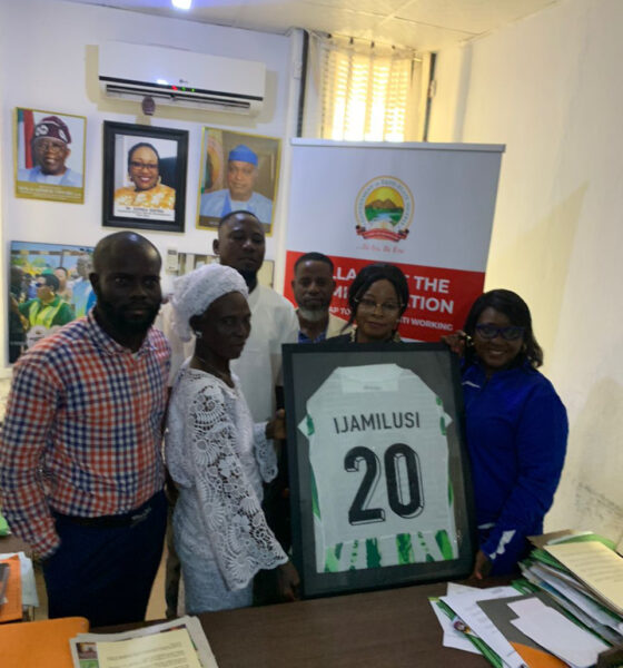 Super Falcons star Folashade Ijamilusi presents memorabilia to Ekiti State Government after WAFCON triumph