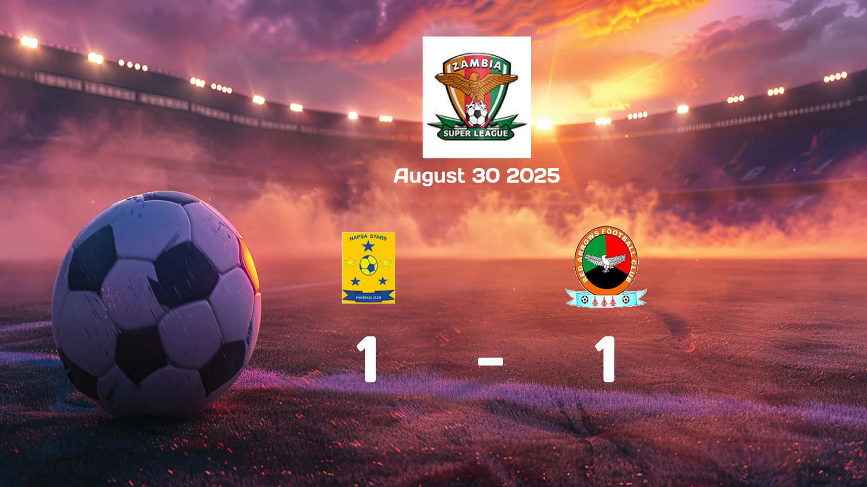 NAPSA Stars vs Red Arrows Ends in 1-1 Draw in Super League Match on August 30, 2025 NAPSA Stars vs Red Arrows Ends in 1-1 Draw in Super League Match on August 30, 2025