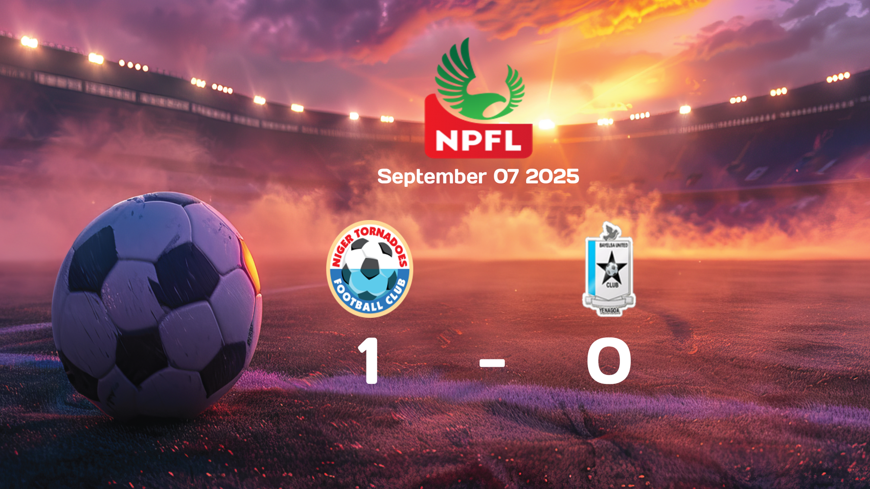 Niger Tornadoes secure victory over Bayelsa United with 1-0 win in NPFL match on September 7, 2025