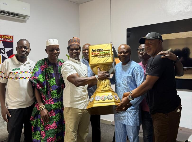 LSFA Presents Ex-Internationals Cup Trophy to Bet9ja Foundation Founder Kunle Soname