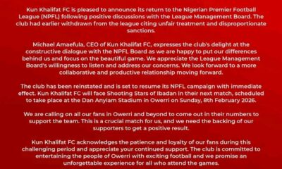 Kun Khalifat FC Return to NPFL Action After Talks With League Board