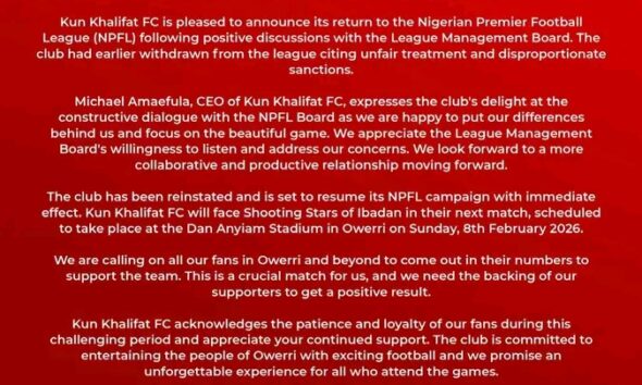 Kun Khalifat FC Return to NPFL Action After Talks With League Board