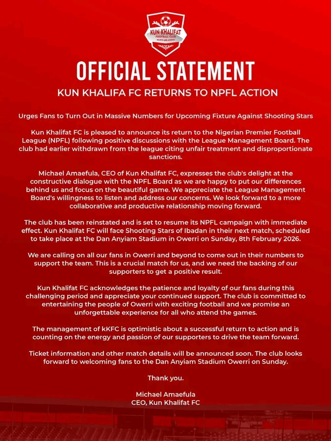 Kun Khalifat FC Return to NPFL Action After Talks With League Board