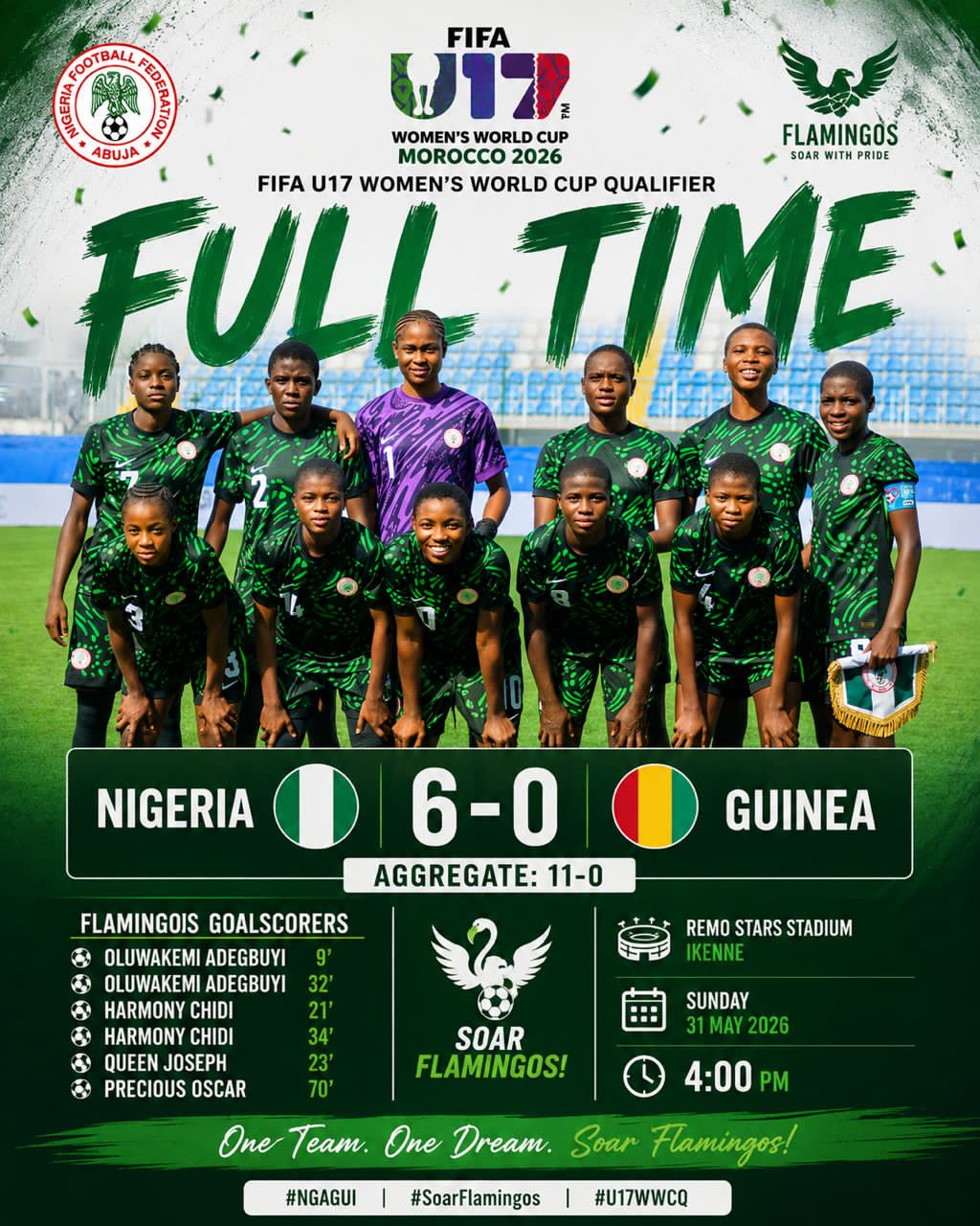 Flamingos Thrash Guinea to Set Up Benin Showdown in FIFA U-17 Women’s World Cup Qualifiers