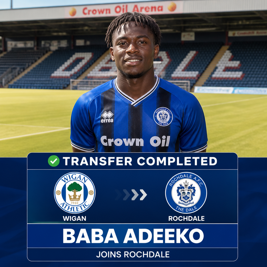 Rochdale sign Irish-Nigerian midfielder Baba Adeeko from Wigan